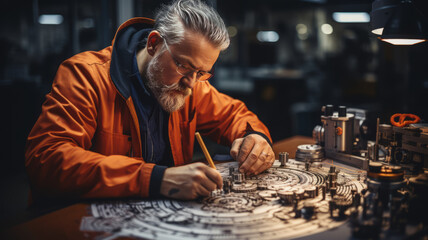 Engineer technician designing drawings mechanical parts engineering Engine