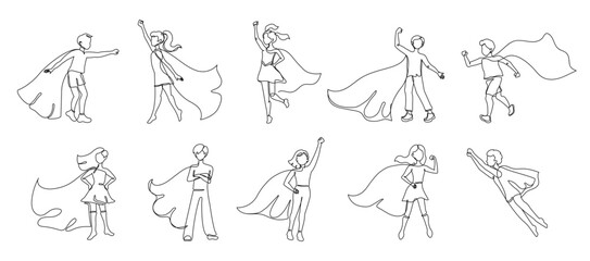 Continuous one line superhero kids. Children fly with hero cape, super boy and heroic girl vector illustration set © WinWin