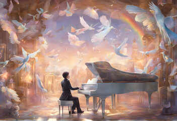 The pianist and musician is playing music happily. Wonderful music from fairy in heaven. angel Magic musician Realism, warm pastel tone, clouds, wings, realm of dreams, Generative AI - obrazy, fototapety, plakaty