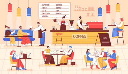 Coffee shop with visitors. Colorful cafe interior with group of people enjoying coffee. Barista makes drinks for coffee house guests vector illustration - obrazy, fototapety, plakaty