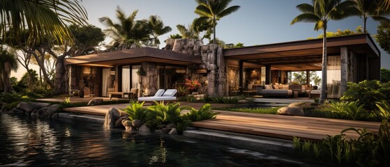Fototapeta premium Exterior Design of a Ultra Luxurious Villa with a Huge Garden and Pool.