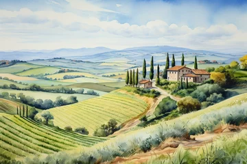 Fotobehang Italian countryside with rolling Tuscan hills captured in a watercolor painting. Generative AI © Kaida