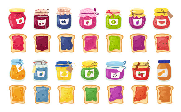 Toast spread with jams. Glass jam and jellies jars for sandwich spreads, tasty sweet preserves and slices of toasted bread vector set