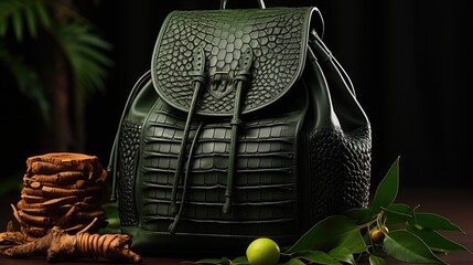 Crocodile skin backpack on leaf background table