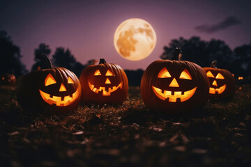Carved pumpkins for halloween smiling on ground under big moonlight. Big moon on background. Bats on the sky