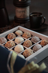 Chocolates in gift box. Handmade chocolate.Confectionery products.