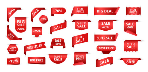 Sale tags. Red ribbon discount labels, special offer badges and promotional banners isolated vector set - obrazy, fototapety, plakaty