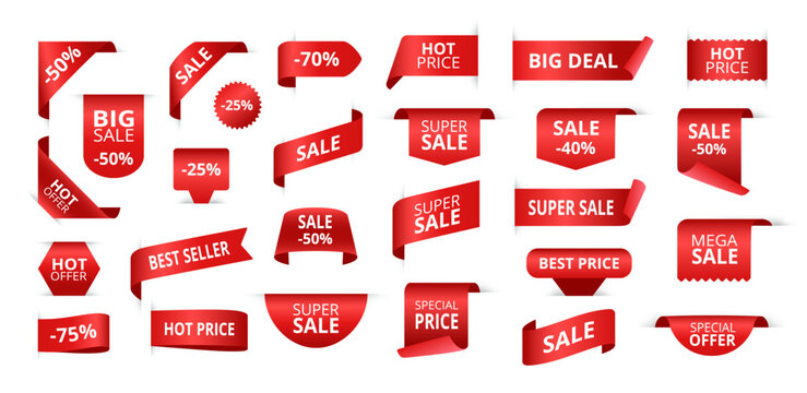 Sale tags. Red ribbon discount labels, special offer badges and promotional banners isolated vector set © WinWin