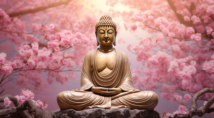 Glowing golden buddha mediating under cherry blossoms