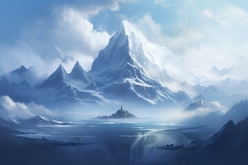 A mesmerizing landscape of a floating island and snowy mountain during winter, depicting a serene paradise. Generative AI