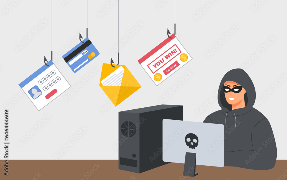 Poster hacker phishing attack. web fraud, online security threats and spam danger. hacker character with pe