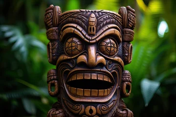 Crédence de cuisine en verre imprimé Bali Tiki Mask of some Tribu in the middle of a Tropical Forest.
