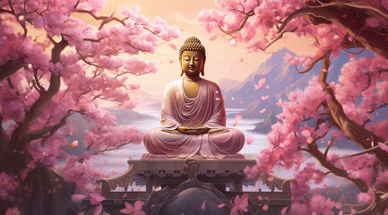 Glowing golden buddha mediating under cherry blossoms - obrazy, fototapety, plakaty