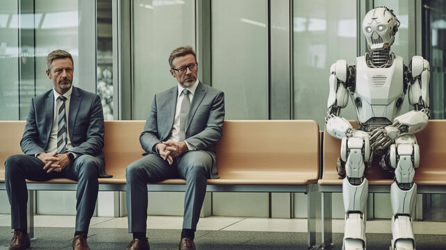 photo of Business people and humanoid AI robot sitting and waiting for a job interview.