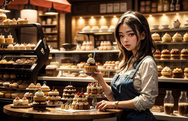 Beautiful asian girl sells in cupcake shop. Anime asian beautiful business owner girl
