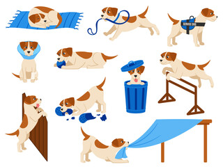 Funny cartoon dog scenes. Cute beagle pup plays with ball, service dog and injured pet. Puppy misbehaving, jumps and sleep vector illustration set