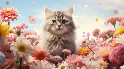 A cat sitting in a field of flowers