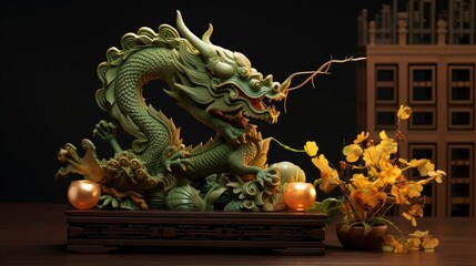 A statue of a dragon on a table next to a vase of flowers