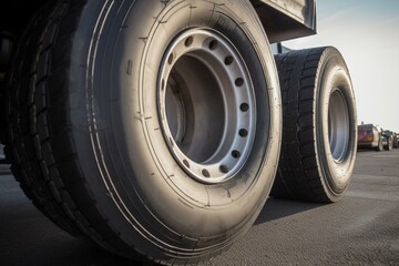 Detailed photo of large commercial truck tire and wheel used for carrying heavy cargo. Generative AI
