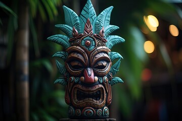 Fototapeta premium Tiki Mask of some Tribu in the middle of a Tropical Forest.