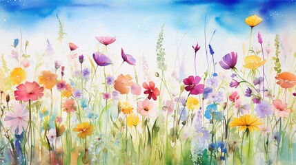 multi-colored wildflowers in watercolor, field, drawing, summer, delicate flowers
