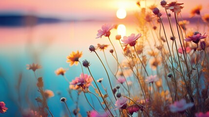 Fototapeta na wymiar multi-colored wildflowers in watercolor at sunset, field, drawing, summer, delicate flowers