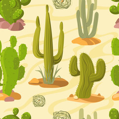 Cartoon desert cacti seamless pattern. Hot arid climate zone elements. Drought scenery. Sand dunes and tumbleweeds. Prickly cactaceae plants. Sahara panorama. Splendid vector background
