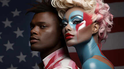 Fototapeta premium Happiness freedom african american man with woman make up face ,Portrait studio shot on American flag ,Generative Ai
