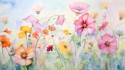 multi-colored wildflowers in watercolor, field, drawing, summer, delicate flowers