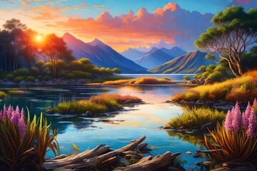 painting of lakeside mountain view, sunset, raging storm, vibrant, rocky riverbank, water hyacinth, cattails, distant flying birds, driftwood - AI Generative