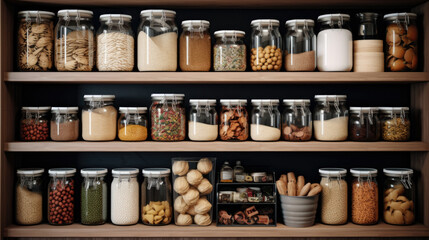 Kitchen shelves with glass jars filled with groceries. concept of zero waste home and lifestyle - obrazy, fototapety, plakaty
