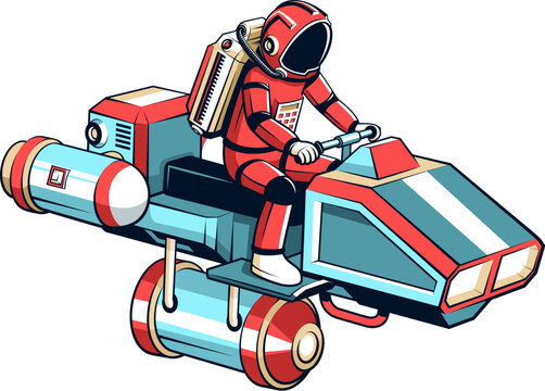 Astronaut on a flying motorcycle. Cosmonaut in spacesuit on individual flying device. Fantastic vector illustration in retro comic style.