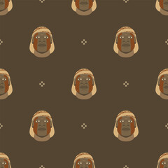 Seamless ethnic pattern with heads of Moche men. Native American art of ancient Peru. Indigenous male portrait. On brown background.