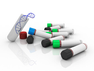 3d render of dna structure with sterile glass container