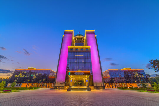 NOVOSIBIRSK, RUSSIA: SEPTEMBER 16, 2022 - Illuminated Novosibirsk State University at night. No people.