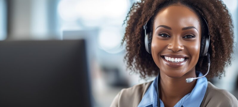 african black woman call center customer support with headset