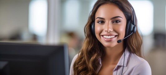 latina woman call center customer support with headset, ai