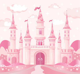 Vector fairytale castle in pink gradient, background with clouds, several towers with flags, large gates and fields with flowers
