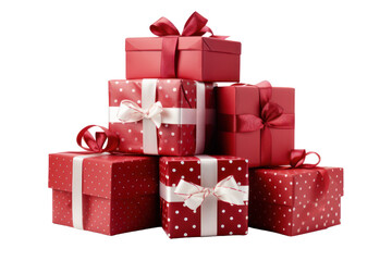 Obraz premium Christmas presents, gift boxes stack with ribbon bow isolated transparent background, PNG, 