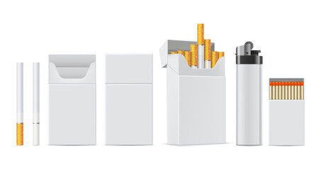 Cigarette product mockup. Realistic cigarettes, white lighter, pack of matches and cigarette box package isolated vector template set © WinWin
