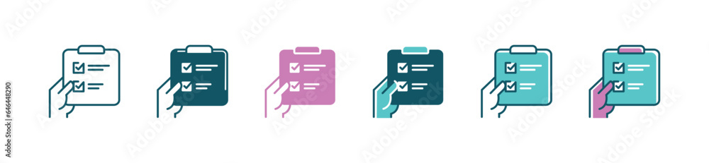 Aufkleber hand holding clipboard task list document icon vector business plan checklist assessment progress with checkmark signs illustration for web and app