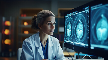 expert female neurologist deeply engrossed in examining brain scans.