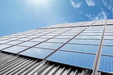 Solar panel on factory roof with beautiful sunlight and blue sky background