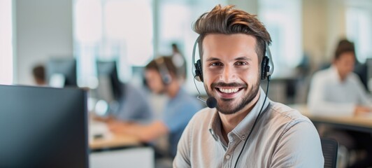 Fototapeta premium caucasian man call center customer support with headset, ai