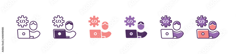 Leinwandbilder man with laptop building software development programming icon vector computer coding for business setup with cog gear symbol illustration