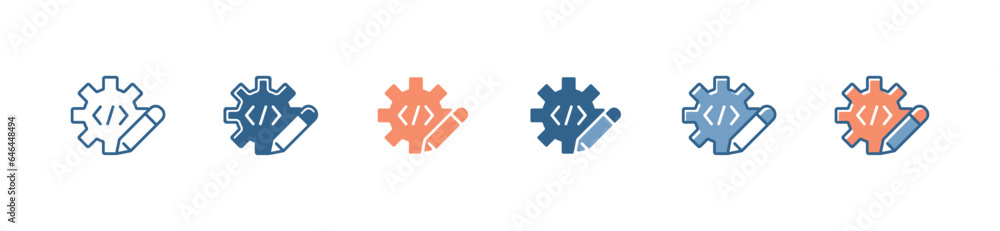 Aufkleber Business development coding with gear and pencil icon set website and application programming optimization with cog control symbol illustration digital project management