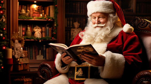 portrait santa claus sitting reading a book indoors