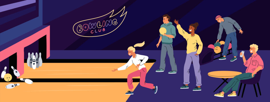 Cartoon people in bowling club. Friends playing with skittles. Men and women knocking down pins with ball on bowlers alleys. Players entertainment. Weekend leisure. Garish vector concept