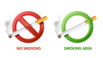 Cigarette stop and allow signs. No smoking and smoking allowed area symbols with realistic burning cigarettes in circle frames. Isolated 3D vector illustration set © WinWin