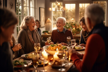 elderly friends gathering for a dinner. Celebrating with loved ones. Christmas and New Year's affairs